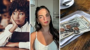 upset server (l) woman shares work issues (c) low tips (r)