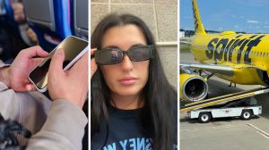 plane passenger messaging (l) woman shares flight experience (c) spirit airlines (r)