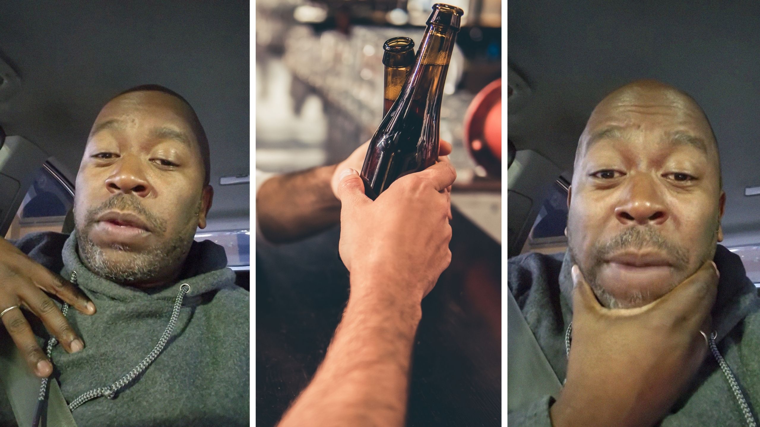 man shares bar experience (l) men taking beers (c) man shares bar experience (r)