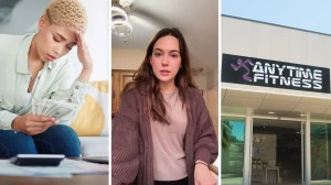 woman with money issues (l) woman shares gym issues (c) anytime fitness gym entrance (r)