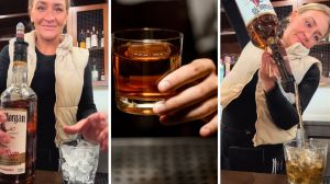 woman shares a day in the job (l) handing over a drink (c) woman shows how to pour drink (r)