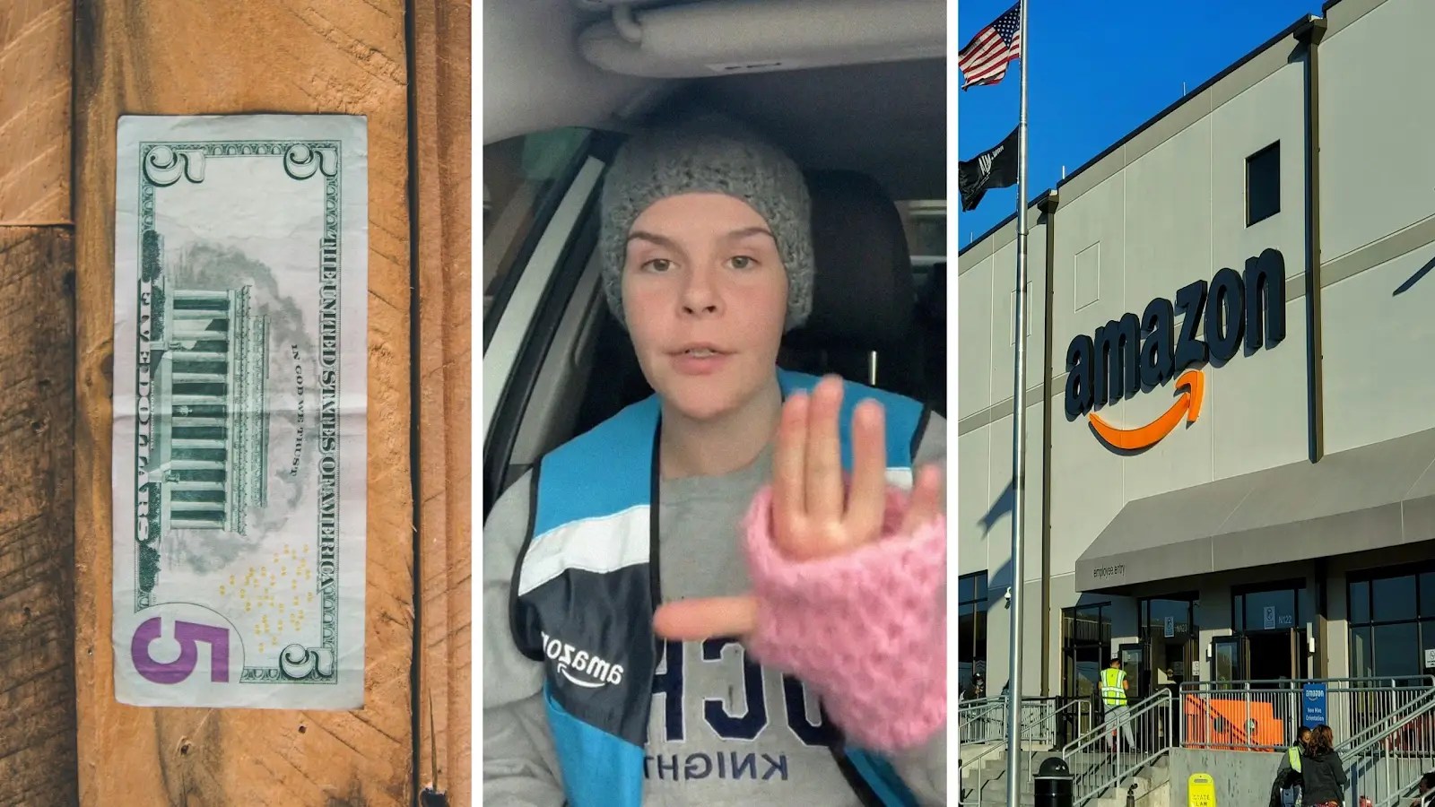 five dollar bill (l) woman shares how customers can help them (c) Amazon logo (r)