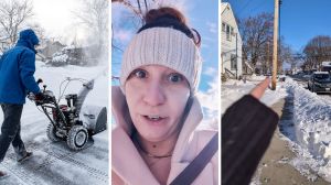 man snowblowing (l) woman shares neighborhood story (c) woman pointing at neighbors side (r)