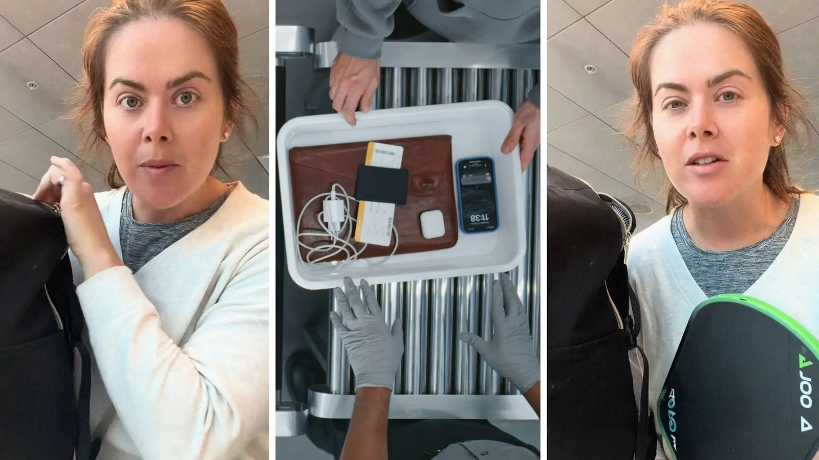 woman shares tsa experience (l) tsa airport check (c) woman holding sporting item (r)
