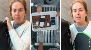 woman shares tsa experience (l) tsa airport check (c) woman holding sporting item (r)