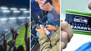 football game (l) woman shares what she sees on the cellphone of the person next to her (c) seattle Seahawks logo (r)