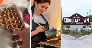 womam shows her desert (l) woman shares chocolate issue (c) hershey kisses logo (r)