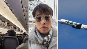 full flight (l) man shares flight experience (c) frontier aircraft (r)