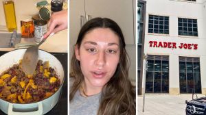 chili in the making (l) woman shares purchase issue (c) trader joe's entrance (r)