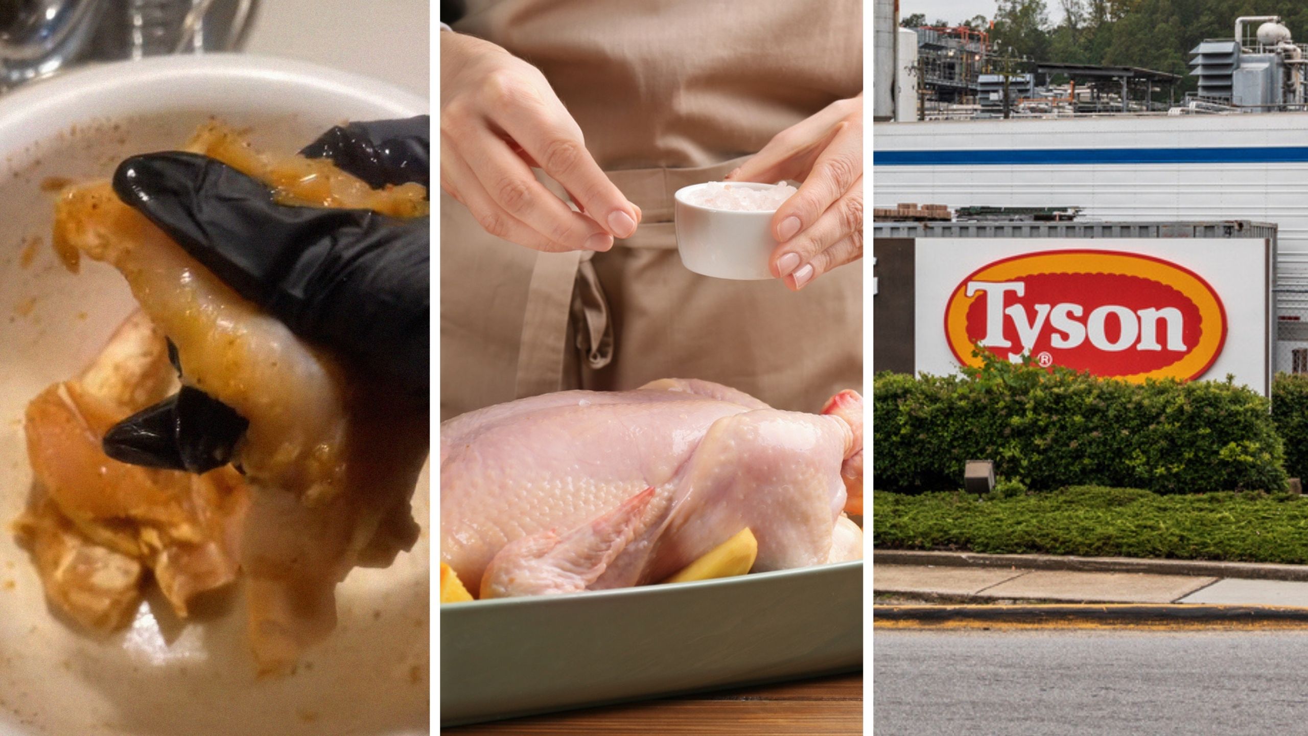 woman holding chicken (l) woman seasoning her chicken (c) Tyson building entrance (r)