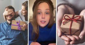 woman gives her fiance a gift (l) woman shares fiances reaction to gift (c) gift box (r)