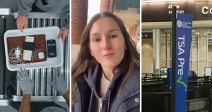 tsa check point (l) woman shares what she got through tsa (c) tsa check sign (r)