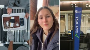 tsa check point (l) woman shares what she got through tsa (c) tsa check sign (r)