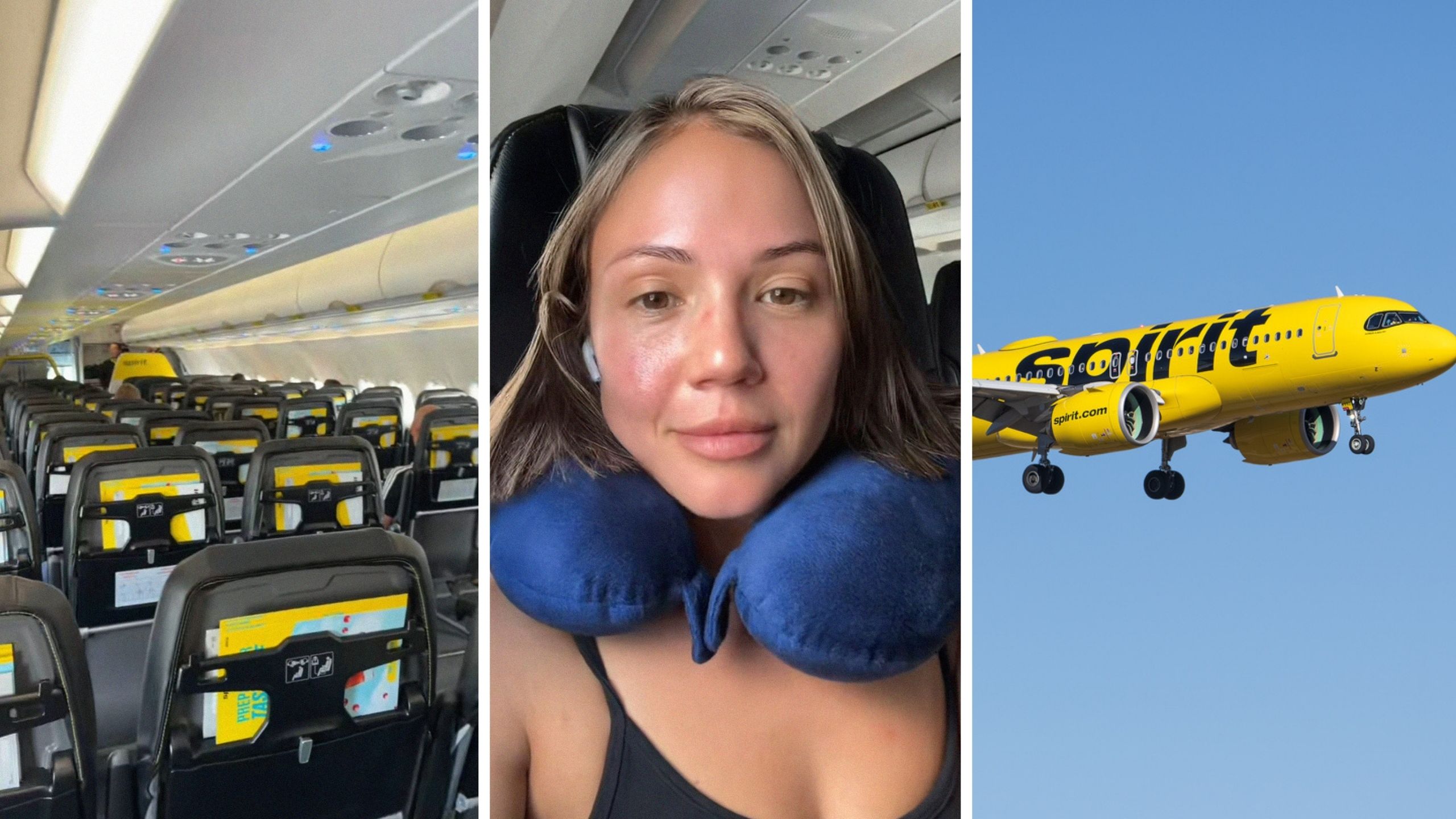 empty flight seats (l) woman shares spirit airlines experience (c) spirit air craft (r)