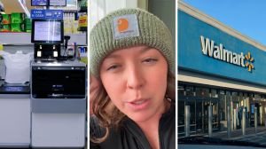 self-checkout area (l) woman shares walmart issue (c) walmart store front (r)