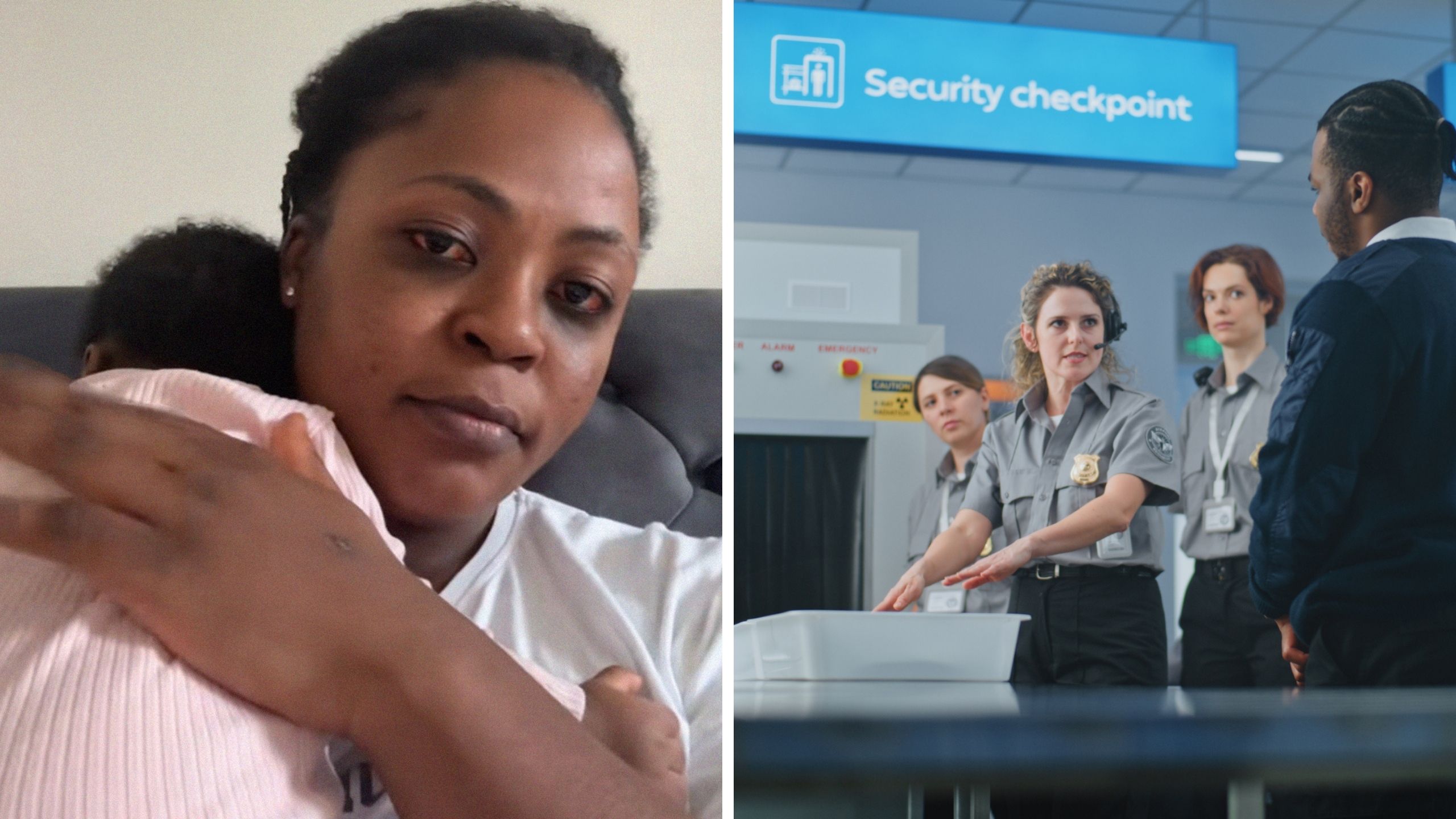 woman shares tsa experience with her baby (l) tsa check point (r)