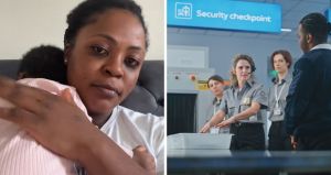 woman shares tsa experience with her baby (l) tsa check point (r)