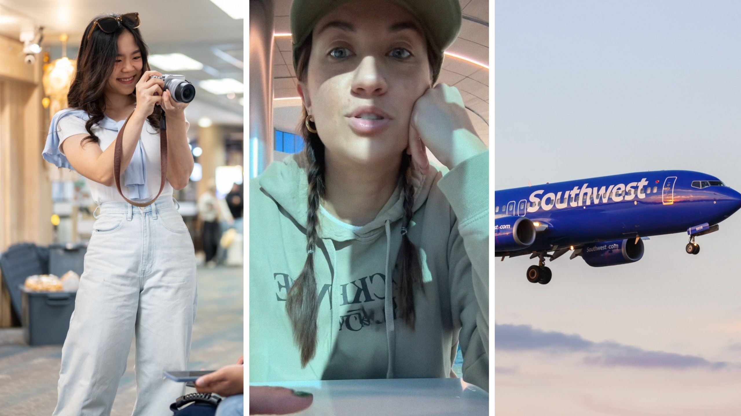 woman takes pictures of stranger at airport (l) woman shares why its important to be nice (c) southwest airlines (r)