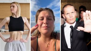 woman sucking in stomach (l) woman shares how to get in a club (c) club security (r)