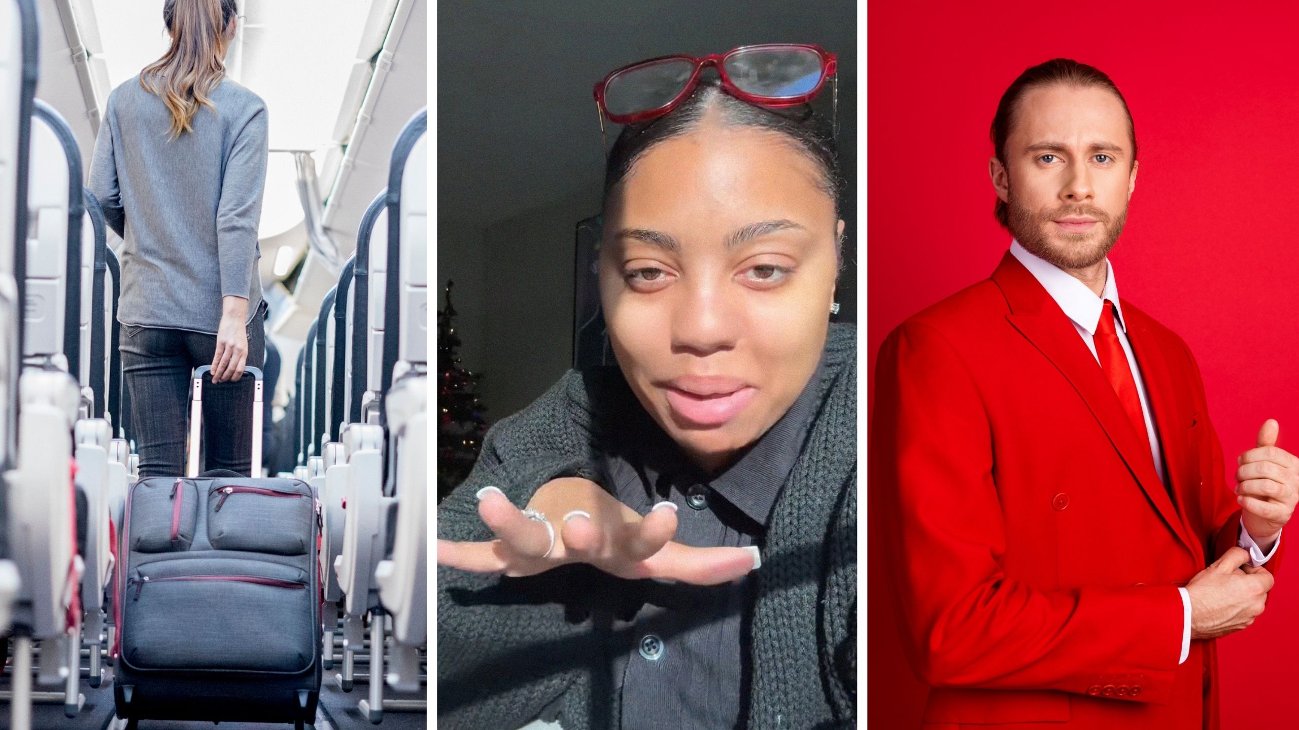 woman kicked out of flight (l) woman shares flight experience (c) "red coat" flight agent (r)