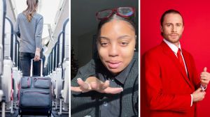 woman kicked out of flight (l) woman shares flight experience (c) "red coat" flight agent (r)