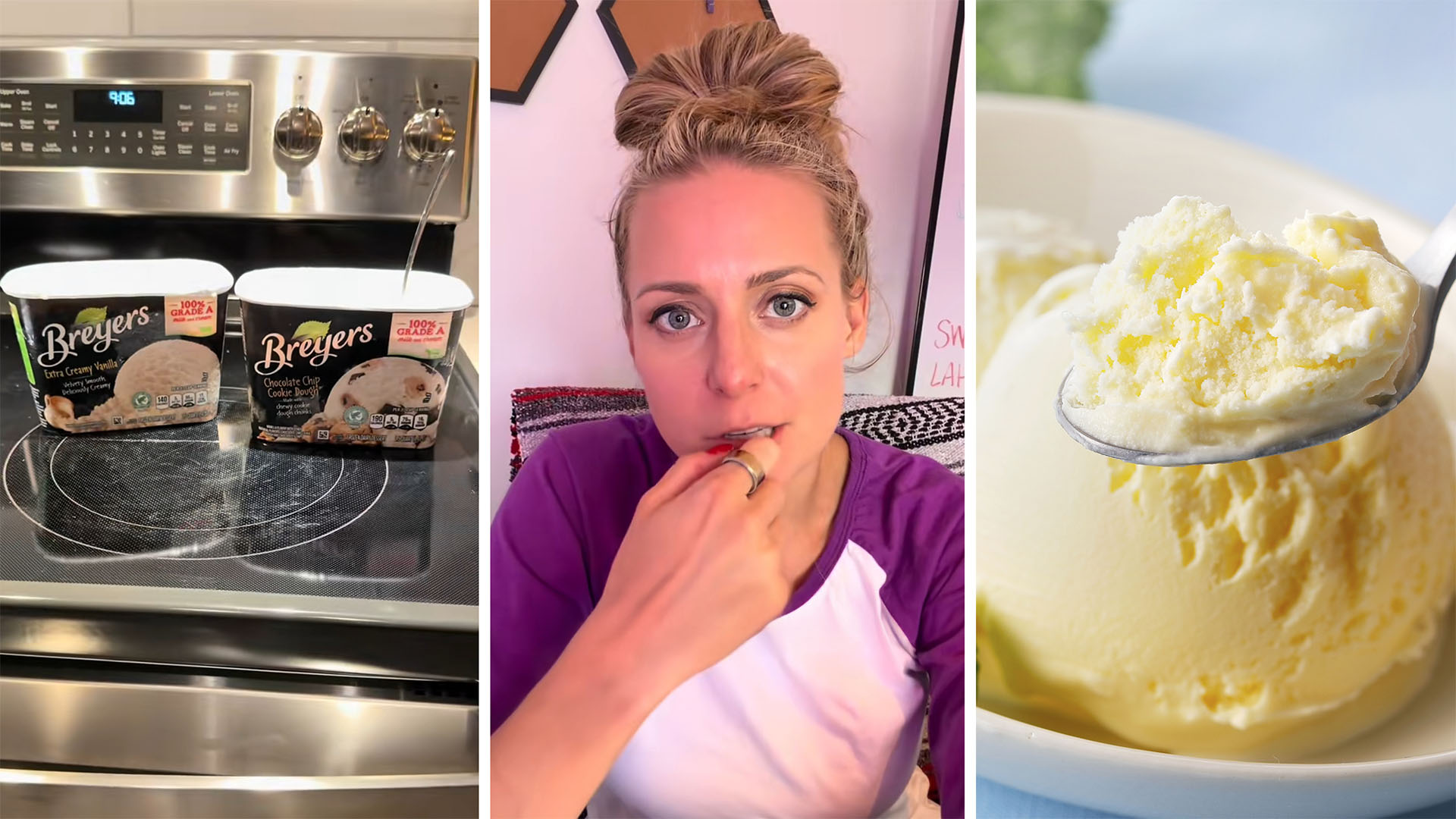 two tubs of Breyer ice-cream on kitchen top(l) Woman holding her lips(c) close up of vanilla ice-cream on plate(r)