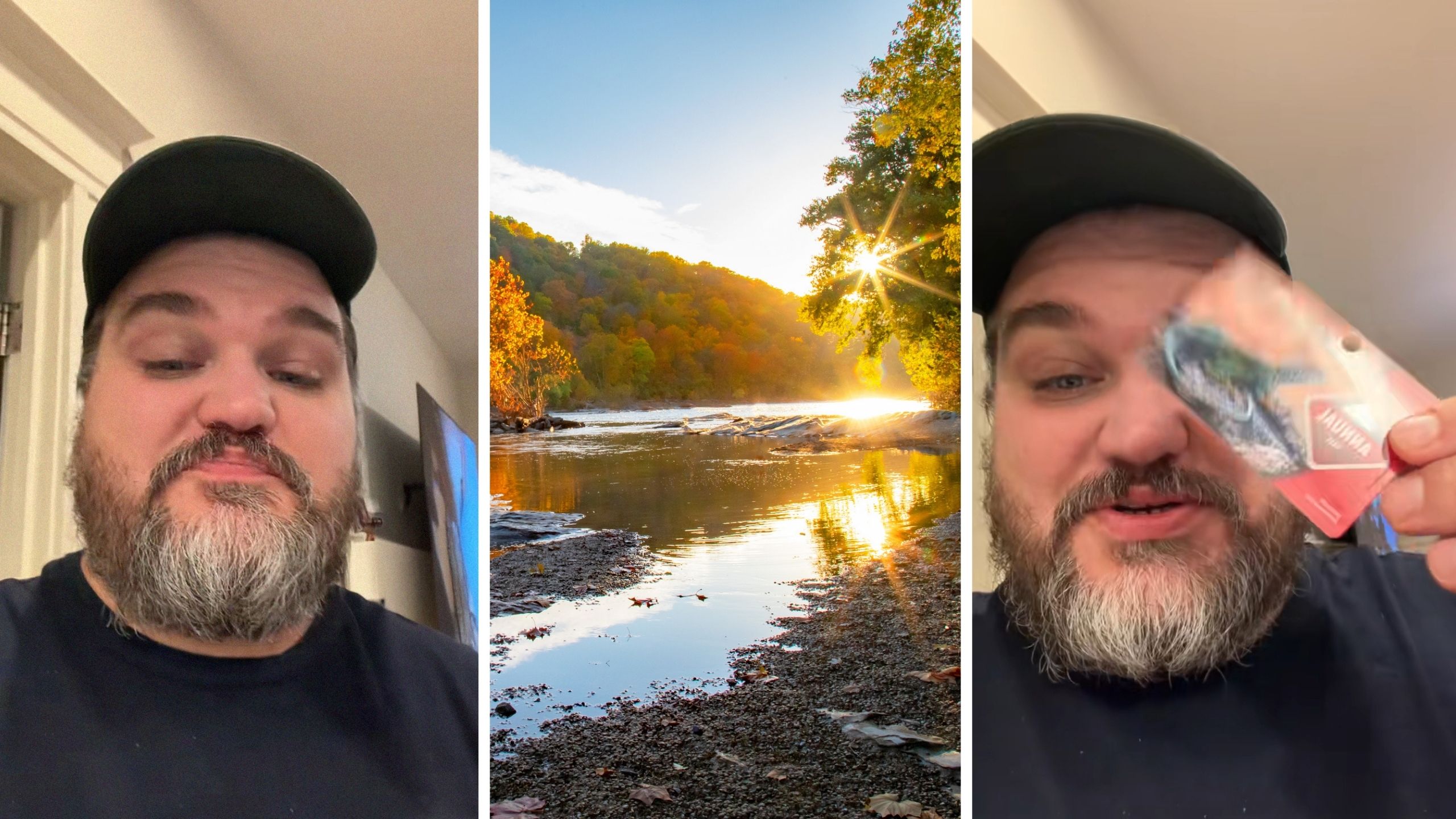 man shares national park pass changes (l) national park (c) man holds up national park pass (r)