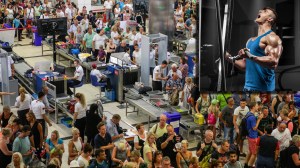 images of a crowded airport and man working out at the gym
