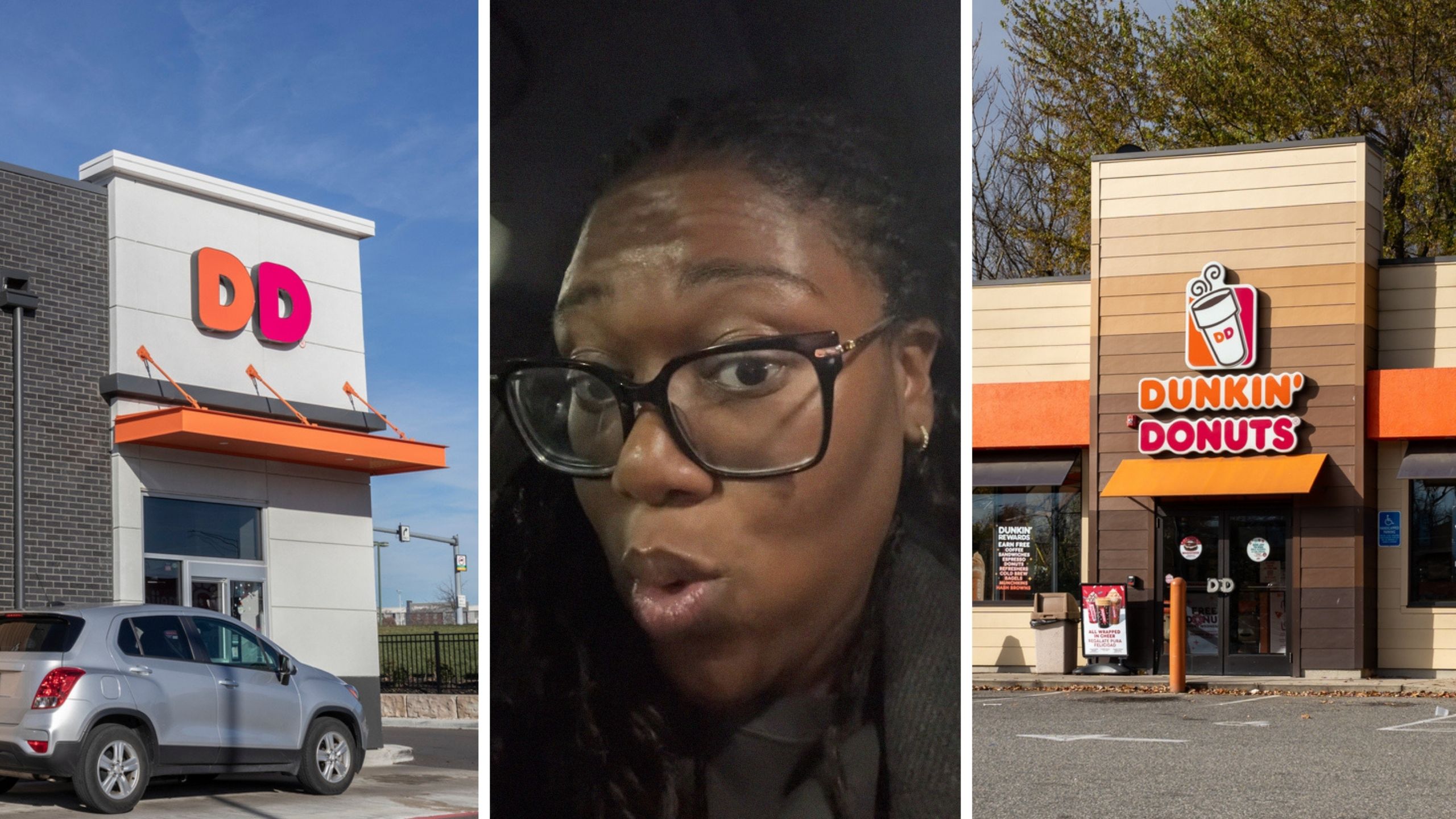 drive thru (l) woman shares dunkin experience (c) dunkin donuts front entrance (r)