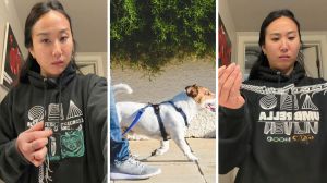 woman shares scary dog collar story (l) puppy going on a walk (c) woman tries on scary dog collar (r)