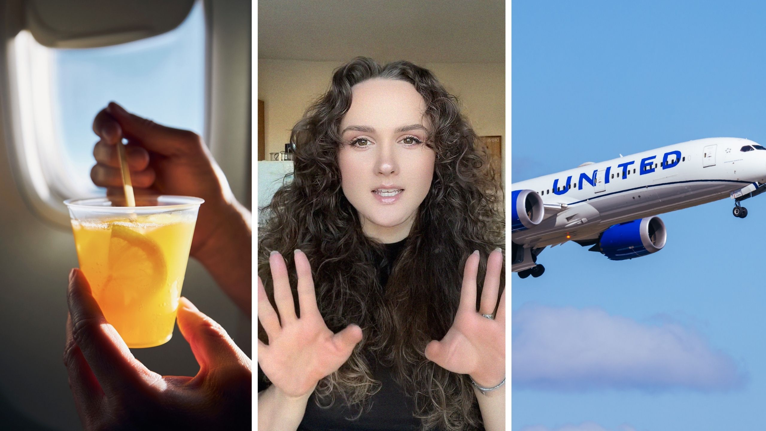 flight drinks (l) woman shares plane secret drink menu (c) united airlines (r)