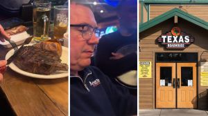 man cutting into steak (l) man orders lesser known steak donenss (c) texas roadhouse entrance (r)