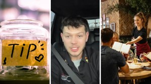 topping jar (l) man shares tip trick (c) waitress helping table (r)