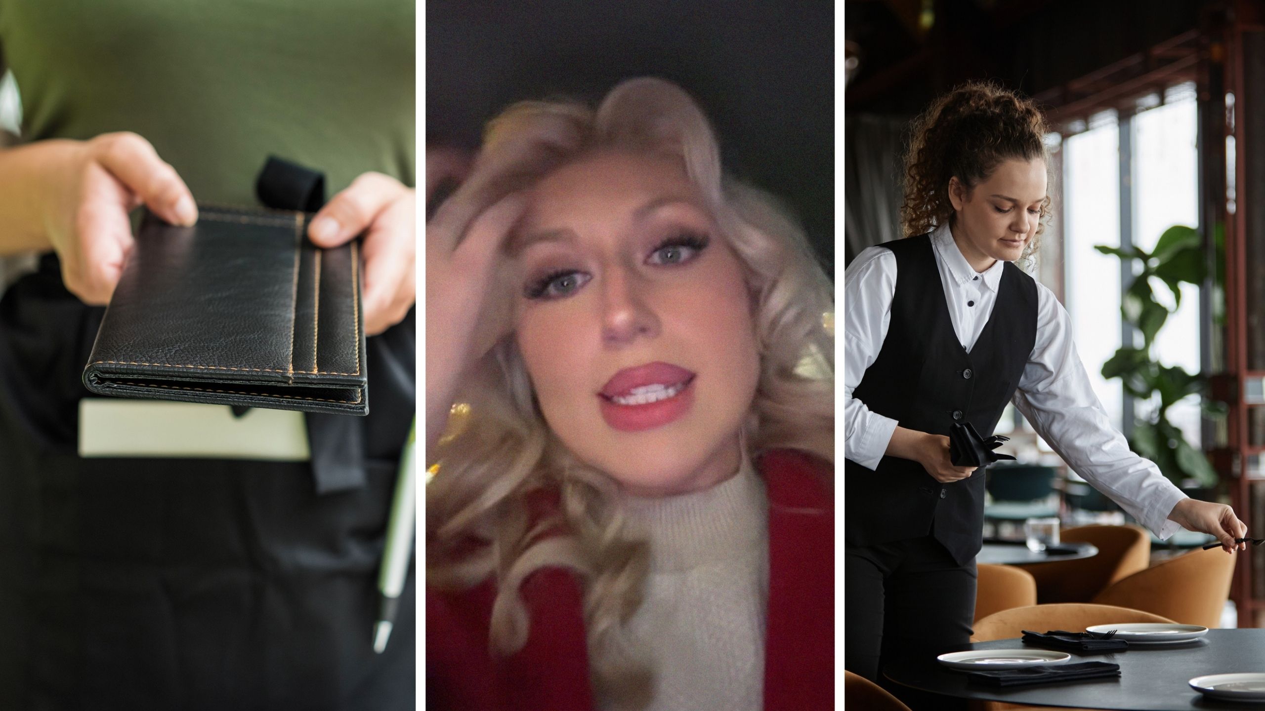woman holding cheque (l) sever shares work experience (c) server arrives to empty table (r)