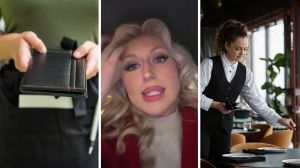 woman holding cheque (l) sever shares work experience (c) server arrives to empty table (r)