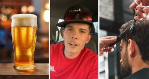 cold beer (l) man shares hair cut experience (c) man getting hair cut (r)