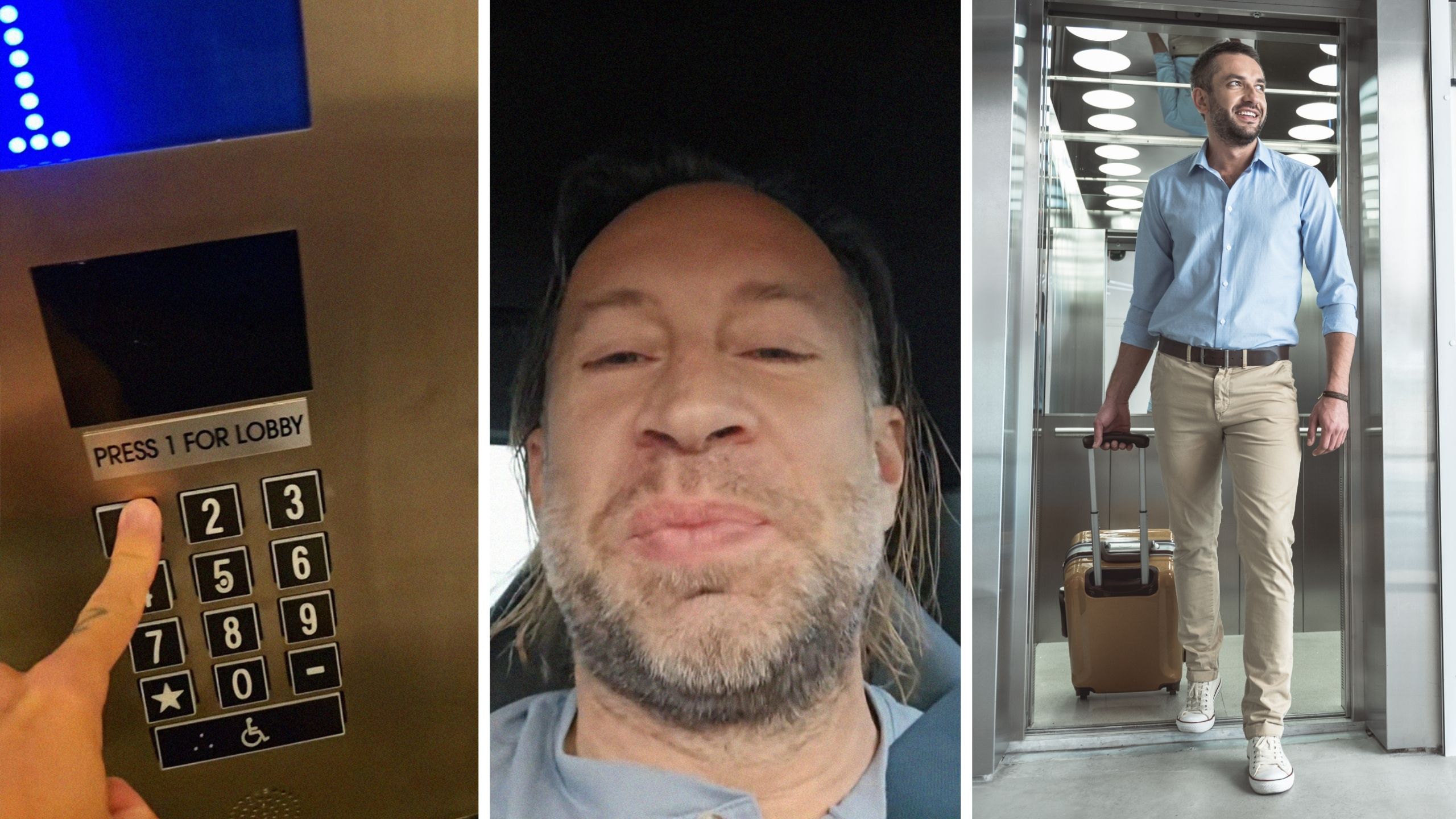 elevator button (l) man shares odd hotel experience (c) man coming out of elevator (r)