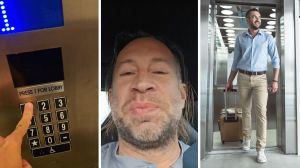 elevator button (l) man shares odd hotel experience (c) man coming out of elevator (r)