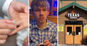 proposal ring (l) man shares engagement in texas roadhouse parking lot (l) texas roadhouse entrance (r)
