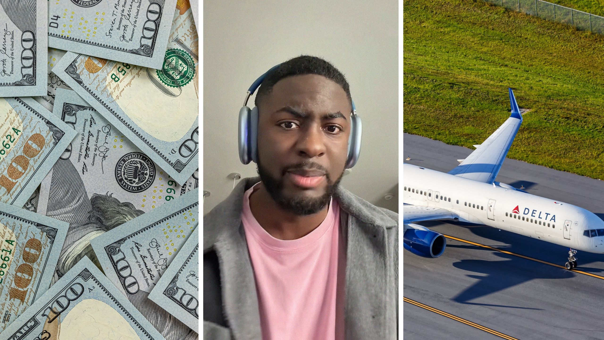 saving cash (l) man shares how to get free flights (c) delta aircraft (r)