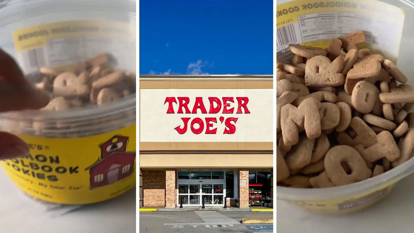 person shares cookie surprise (l) trader joe's front entrance (c) letter cookies (r)