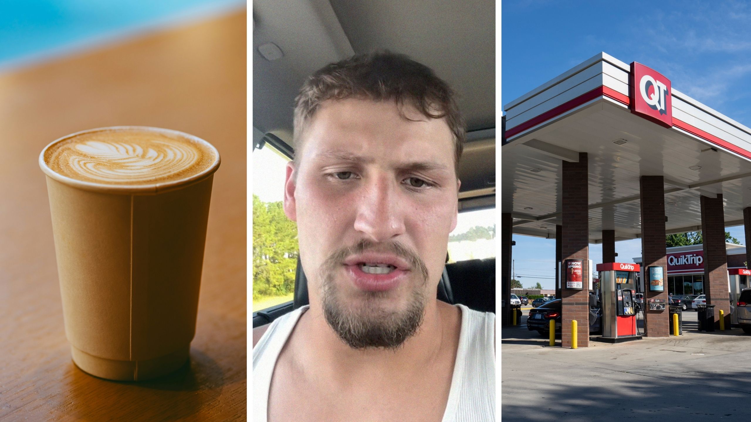 coffee cup (l) man warns people about gas station coffee (c) QT gas station (r)