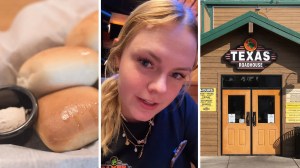 bread rolls (l) woman shares work experience (c) texas roadhouse front entrance (r)