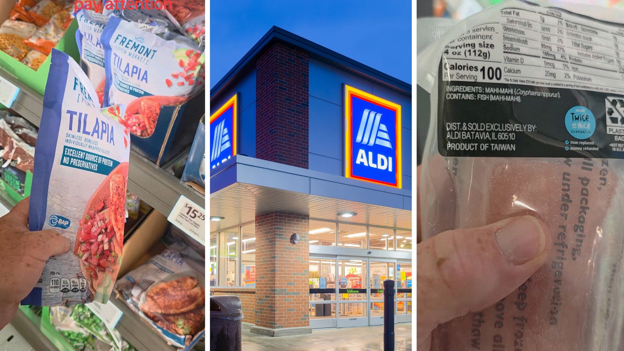man holding up frozen fish (l) aldi store front (c) man shares how to pick the right frozen fish (r)