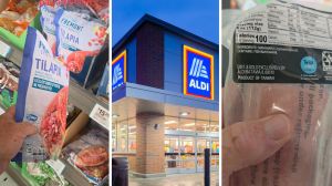 man holding up frozen fish (l) aldi store front (c) man shares how to pick the right frozen fish (r)