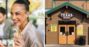 woman goes to eat out (l) texas roadhouse entrance (r)