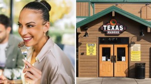 woman goes to eat out (l) texas roadhouse entrance (r)