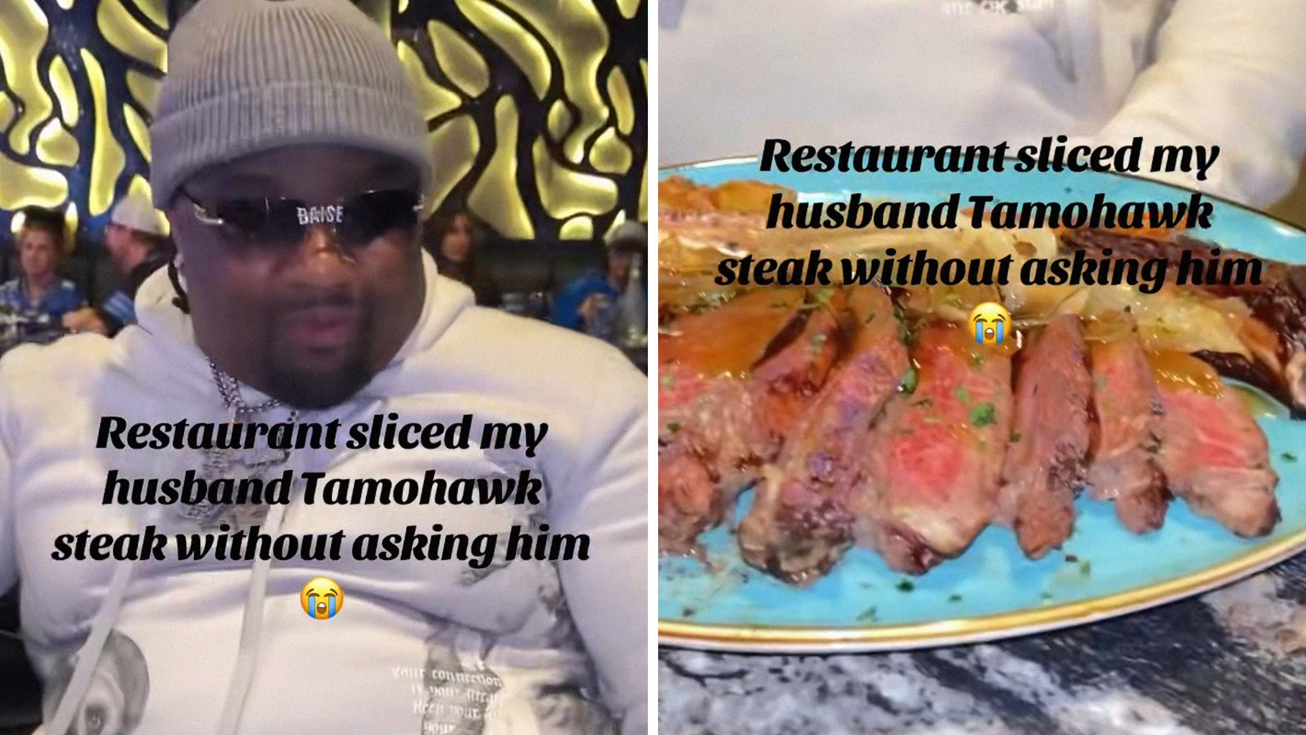 man orders expensive steak and is surprised by it (l) Tomahawk steak (r)
