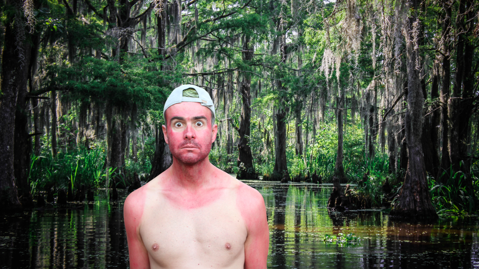 image of a sunburned Southern man in a bayou outside of New Orleans, Louisiana