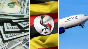 lots of money (l) uganda flag (c) delta airline (r)